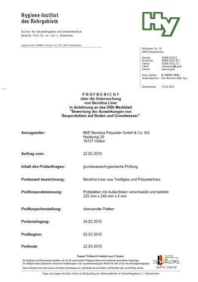 Grundwasserhygienische Prüfung - Externe Prüfberichte